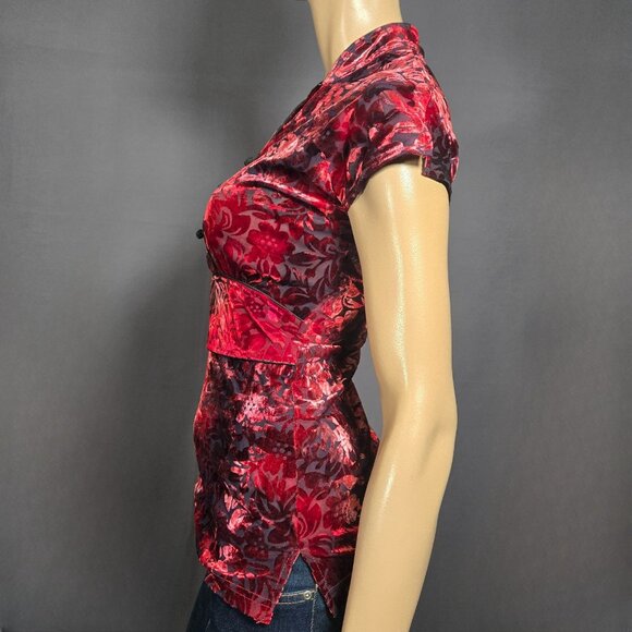 Vintage 90s Red Flocked Velvet Burnout Asian Style Top Size S Gothic Whimsigoth - Picture 7 of 14